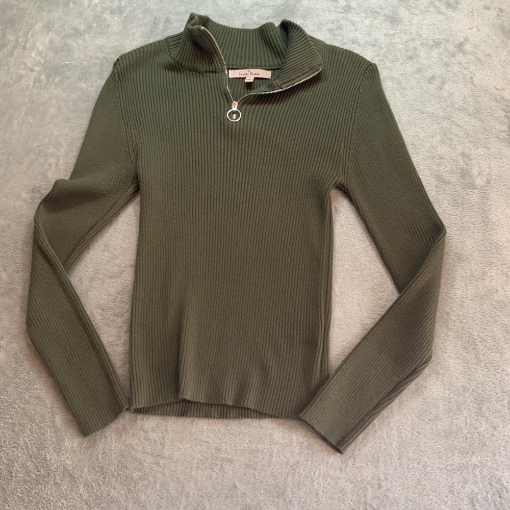 Love Tree Womens Olive Green Ribbed Quarter Zip Pullover Sweater Ring Pull Large
